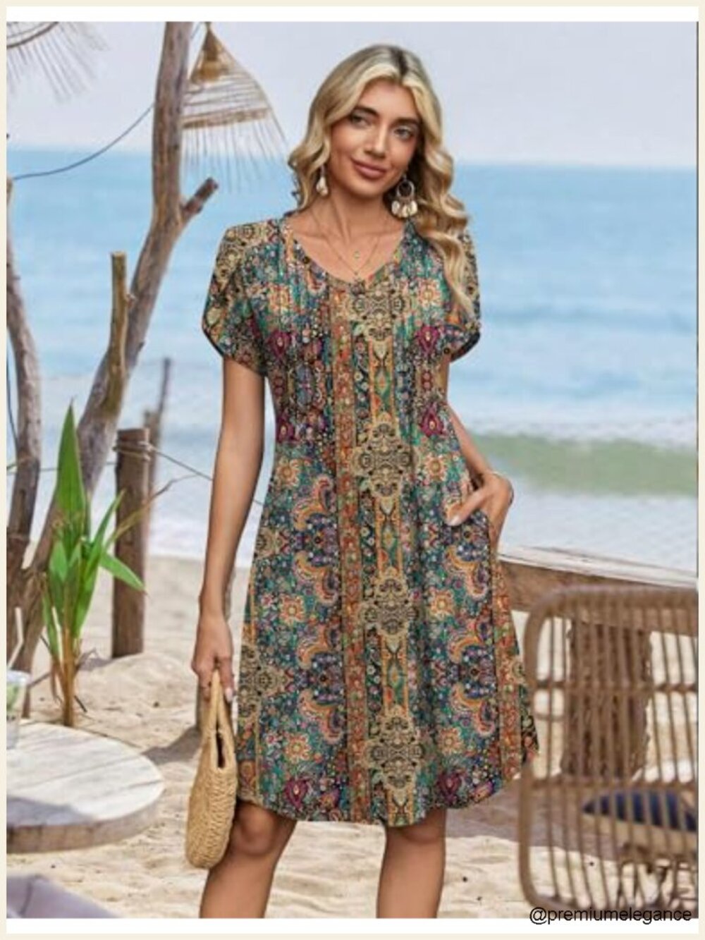 Womens V-Neck A-Line Pleated Dress Short Sleeve Knee Length Boho Casual Sundress - Picture 4 of 6